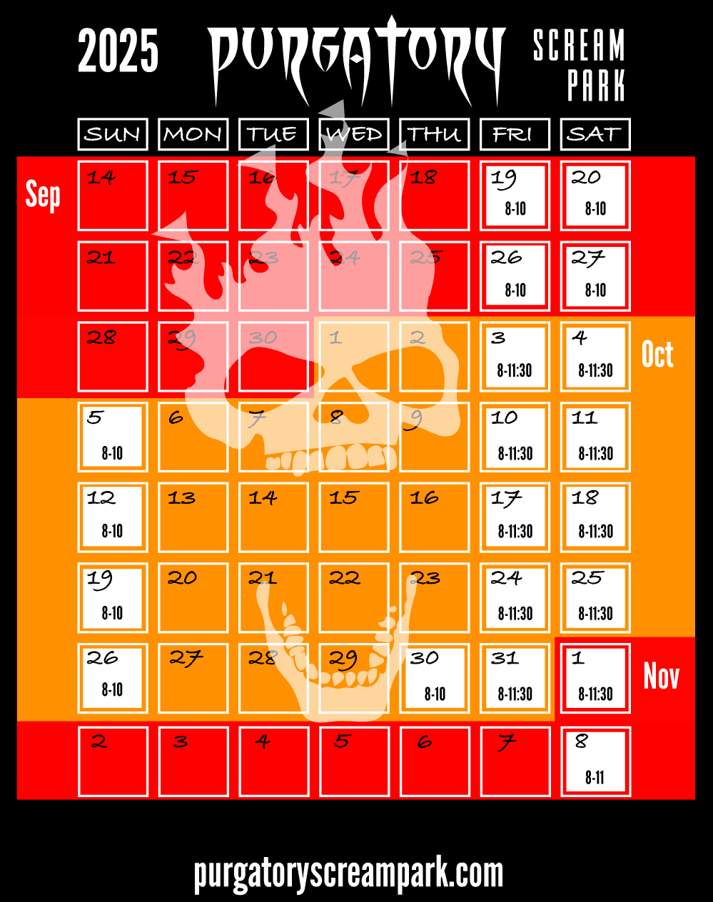 2025 calendar showing dates and times that Purgatory Scream Park is open.